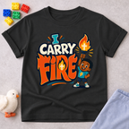 I Carry Fire Christian kids shirt in black featuring an illustrated child holding a flaming torch
