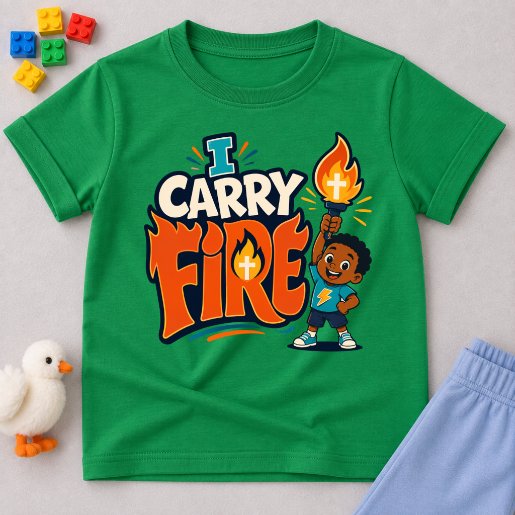 I Carry Fire Christian kids shirt in green featuring an illustrated child holding a flaming torch

