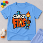 I Carry Fire Christian kids shirt in light blue featuring an illustrated child holding a flaming torch
