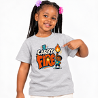I Carry Fire Christian kids shirt in light grey featuring an illustrated child holding a flaming torch
