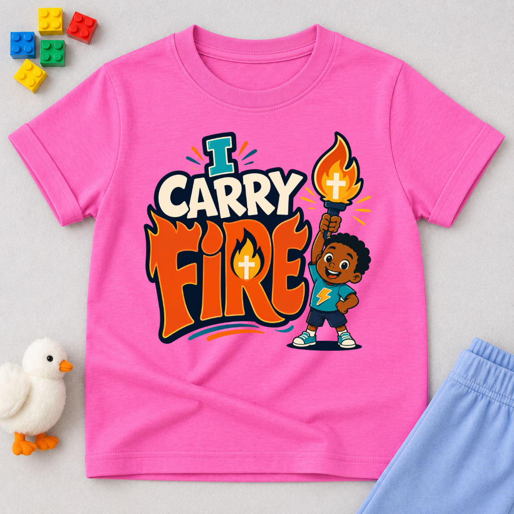 I Carry Fire Christian kids shirt in pink featuring an illustrated child holding a flaming torch
