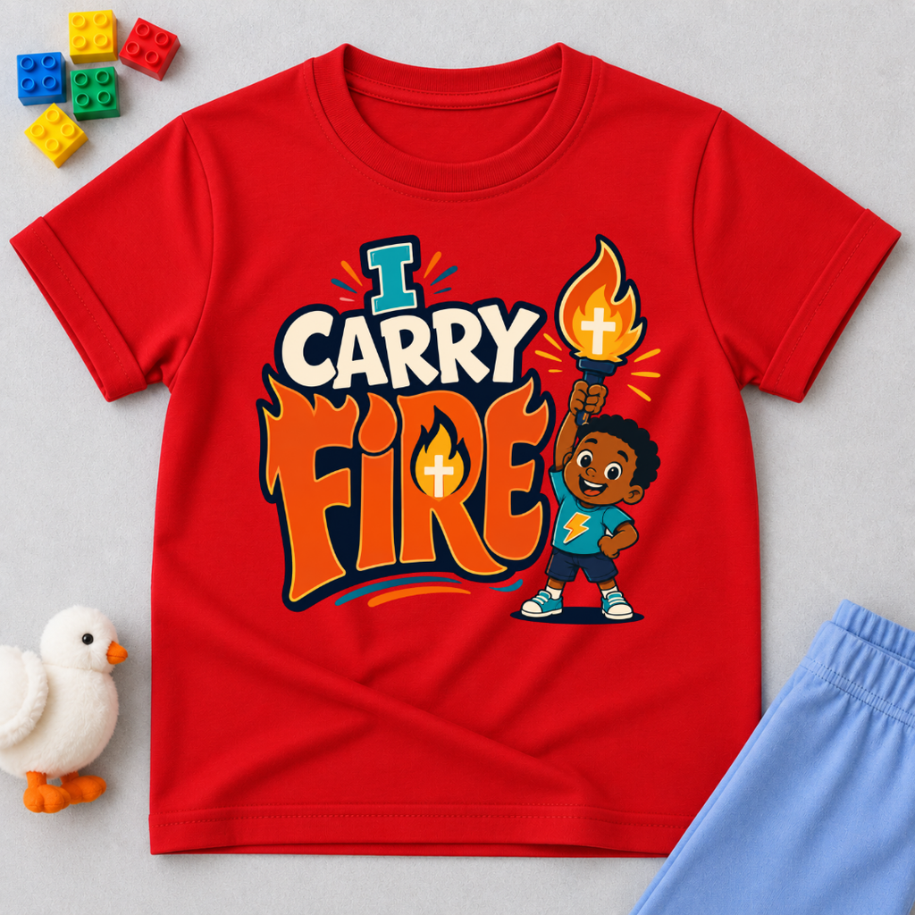 I Carry Fire Christian kids shirt in red featuring an illustrated child holding a flaming torch
