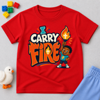 I Carry Fire Christian kids shirt in red featuring an illustrated child holding a flaming torch
