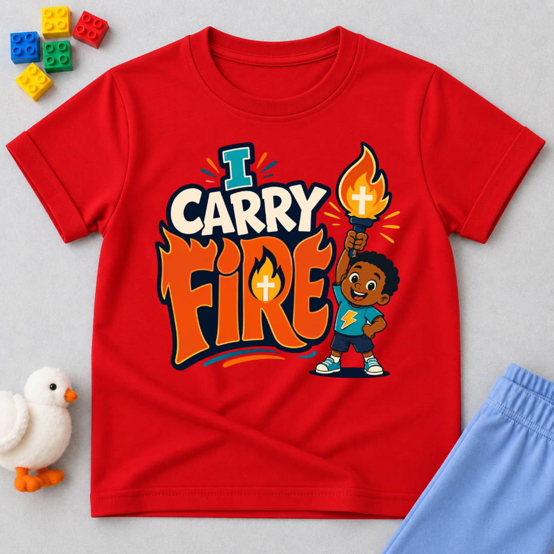 I Carry Fire Christian kids shirt in red featuring an illustrated child holding a flaming torch
