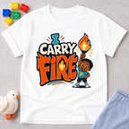 I Carry Fire Christian kids shirt in white featuring an illustrated child holding a flaming torch
