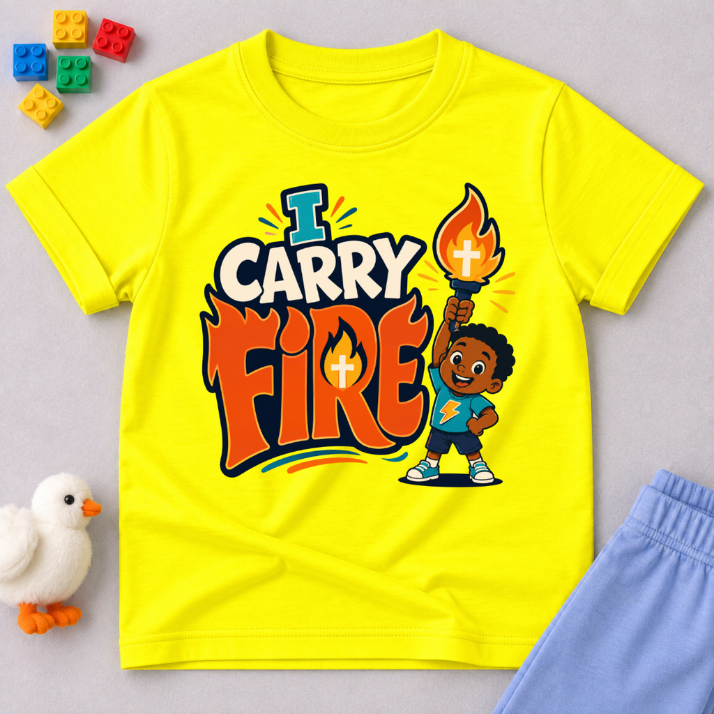 I Carry Fire Christian kids shirt in yellow featuring an illustrated child holding a flaming torch

