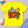 I Carry Fire Christian kids shirt in yellow featuring an illustrated child holding a flaming torch
