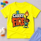 I Carry Fire Christian kids shirt in yellow featuring an illustrated child holding a flaming torch
