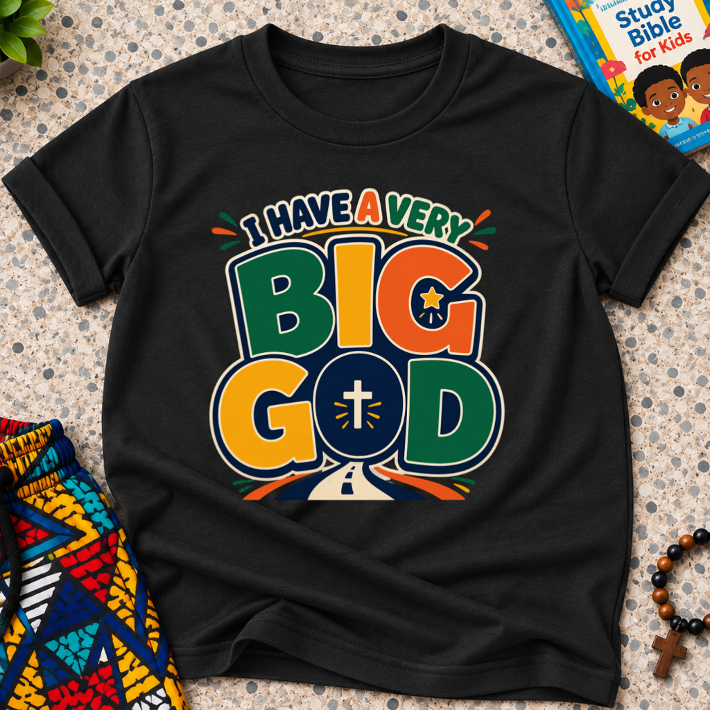 I Have a Very Big God Christian kids shirt in  black featuring bold colourful lettering and a cross within the word God