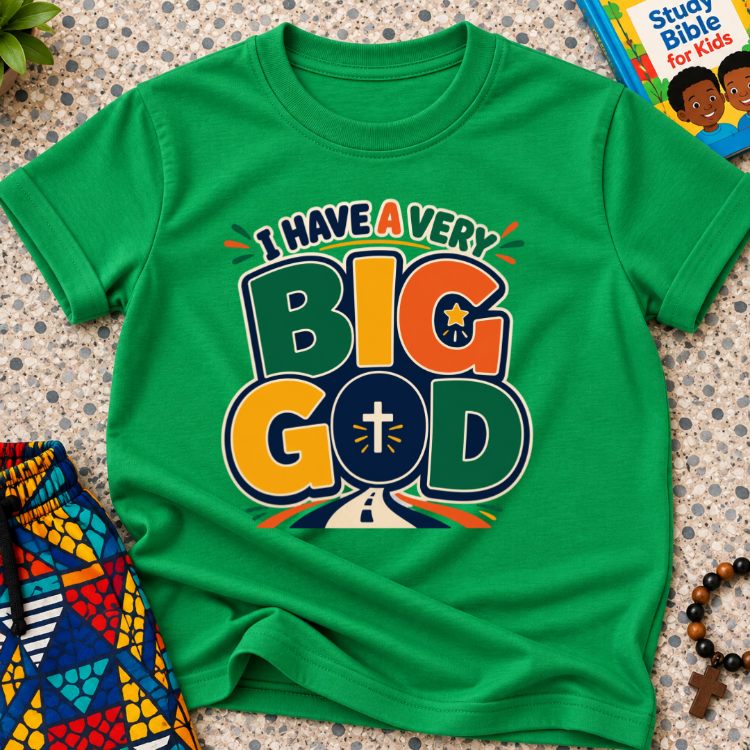 I Have a Very Big God Christian kids shirt in green featuring bold colourful lettering and a cross within the word God