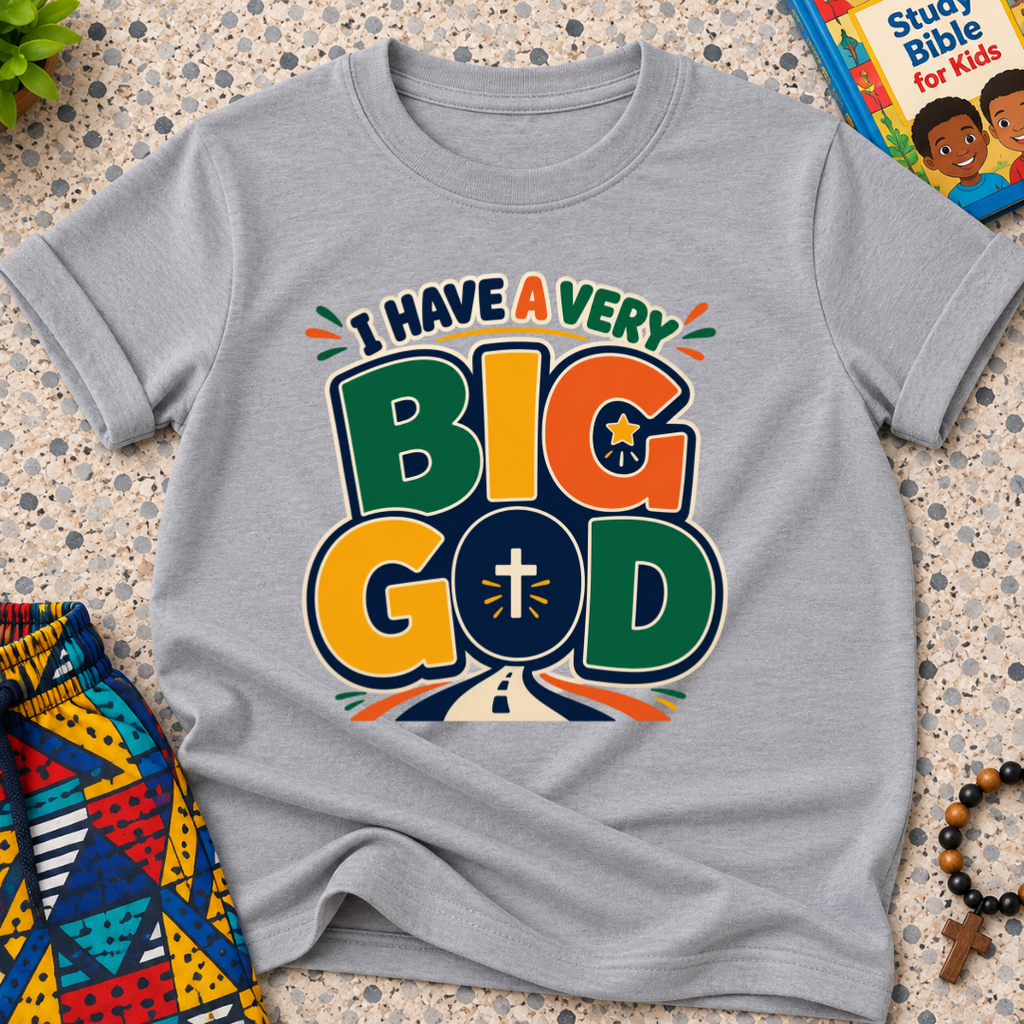 I Have a Very Big God Christian kids shirt in  grey featuring bold colourful lettering and a cross within the word God