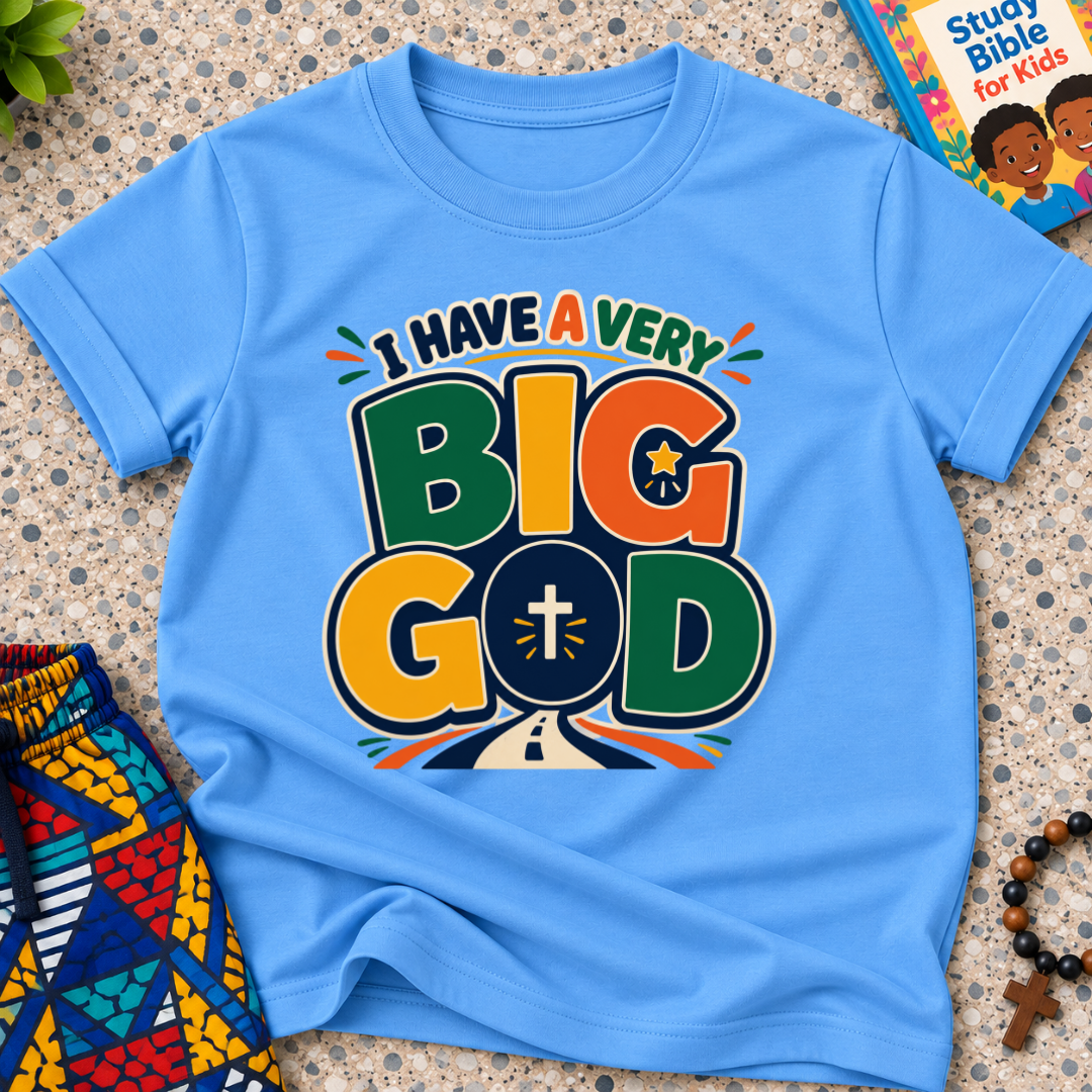 I Have a Very Big God Christian kids shirt in light blue featuring bold colourful lettering and a cross within the word God