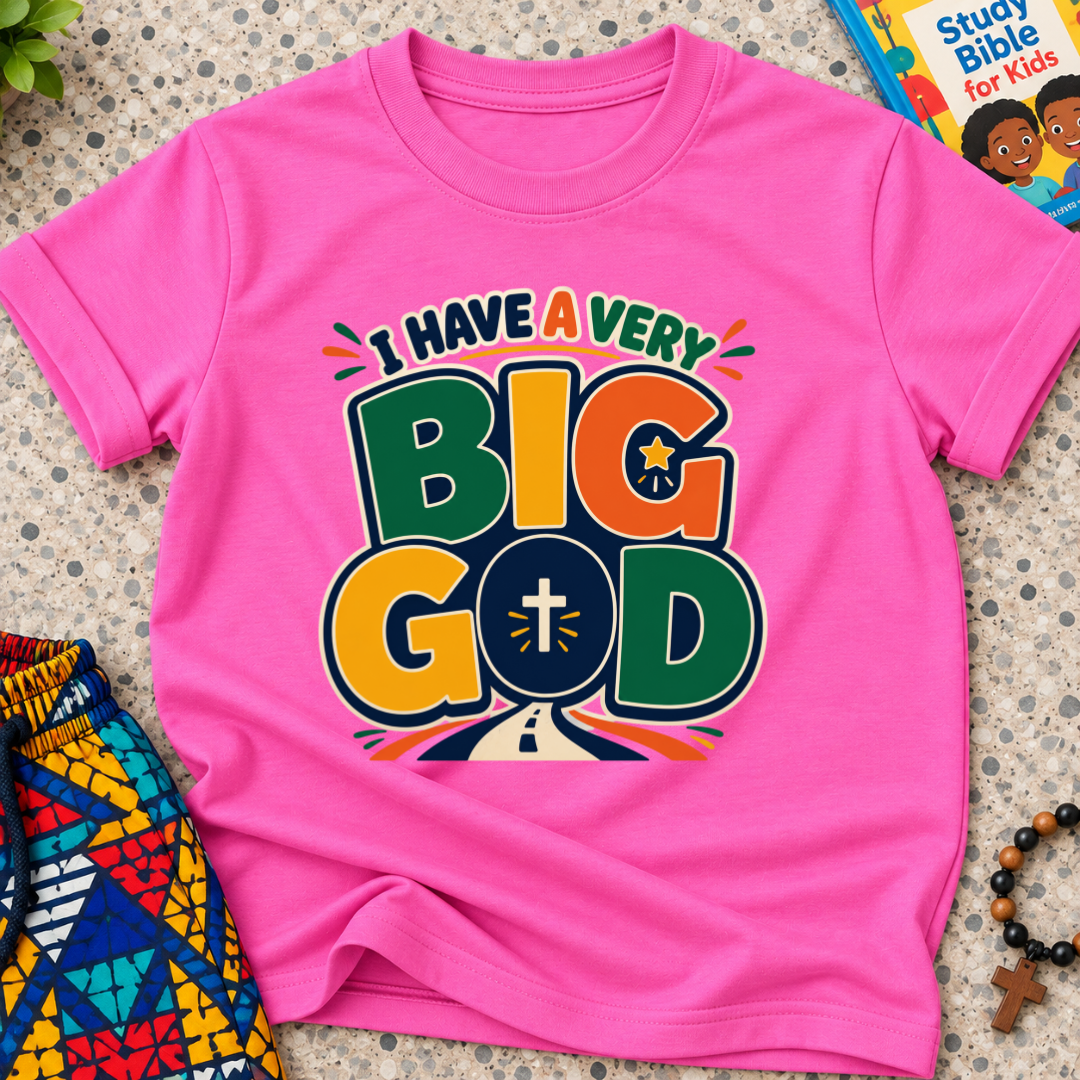 I Have a Very Big God Christian kids shirt in pink featuring bold colourful lettering and a cross within the word God