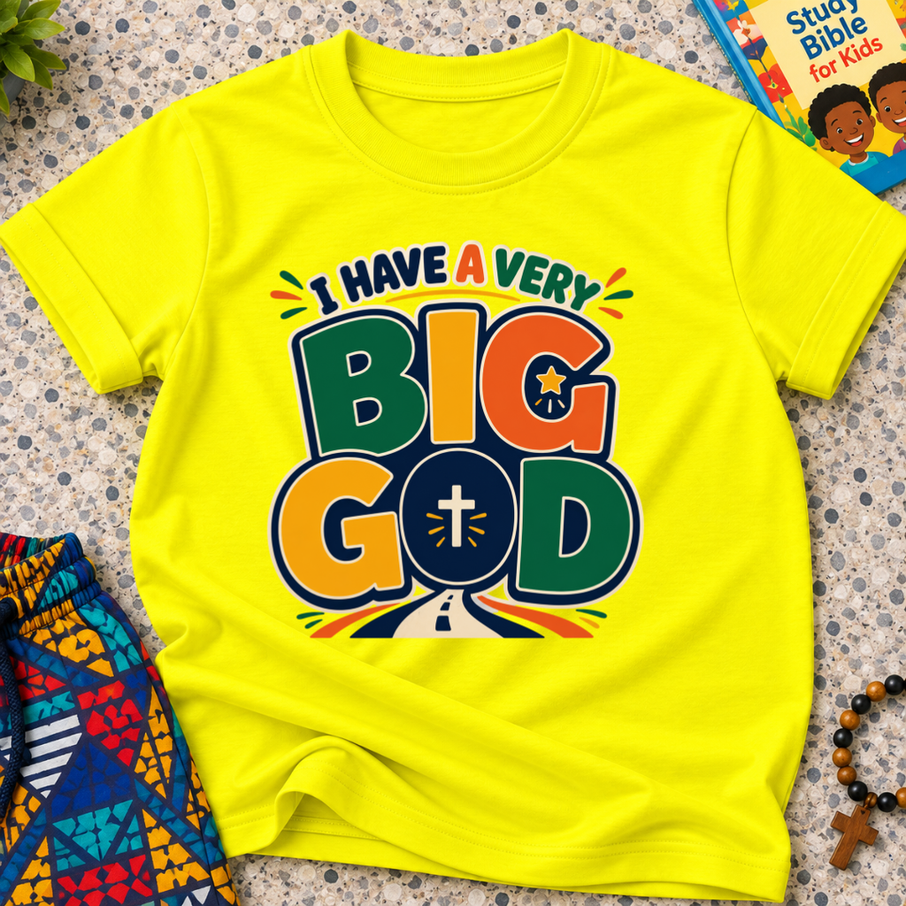 I Have a Very Big God Christian kids shirt in yellow featuring bold colourful lettering and a cross within the word God