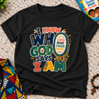 I Know Who God Says I Am Christian kids shirt in black featuring colourful lettering and faith-based identity words
