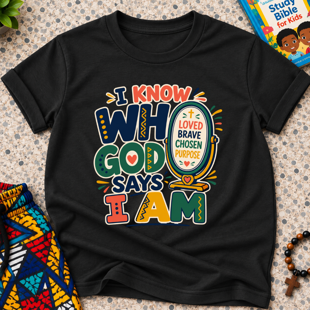 I Know Who God Says I Am Christian kids shirt in black featuring colourful lettering and faith-based identity words
