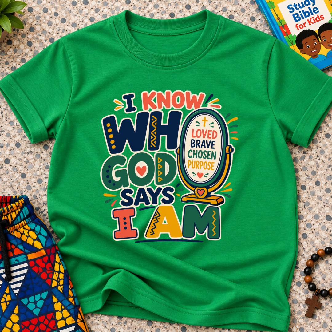 I Know Who God Says I Am Christian kids shirt in green featuring colourful lettering and faith-based identity words
