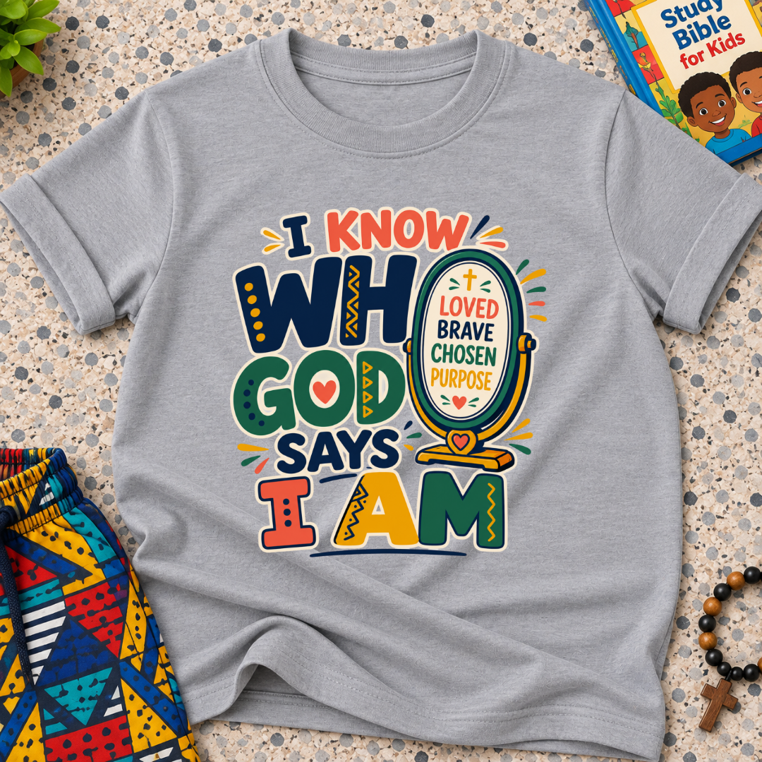 I Know Who God Says I Am Christian kids shirt in grey featuring colourful lettering and faith-based identity words
