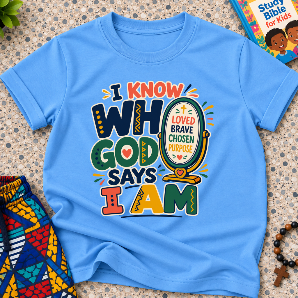 I Know Who God Says I Am Christian kids shirt in light blue featuring colourful lettering and faith-based identity words
