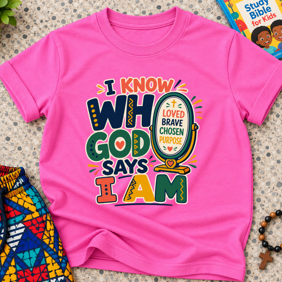 I Know Who God Says I Am Christian kids shirt in pink featuring colourful lettering and faith-based identity words
