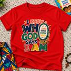 I Know Who God Says I Am Christian kids shirt in red featuring colourful lettering and faith-based identity words
