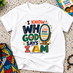 I Know Who God Says I Am Christian kids shirt in white featuring colourful lettering and faith-based identity words
