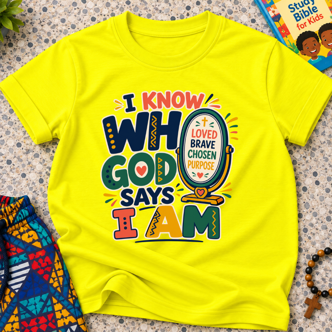 I Know Who God Says I Am Christian kids shirt in yellow featuring colourful lettering and faith-based identity words
