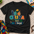 Ìṣẹ́ Olúwa Kì Í Bàjẹ́ Yoruba Christian kids shirt in black featuring colourful lettering and Nigerian-inspired decorative artwork
