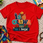 Ìṣẹ́ Olúwa Kì Í Bàjẹ́ Yoruba Christian kids shirt in red featuring colourful lettering and Nigerian-inspired decorative artwork
