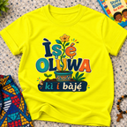 Ìṣẹ́ Olúwa Kì Í Bàjẹ́ Yoruba Christian kids shirt in yellow featuring colourful lettering and Nigerian-inspired decorative artwork
