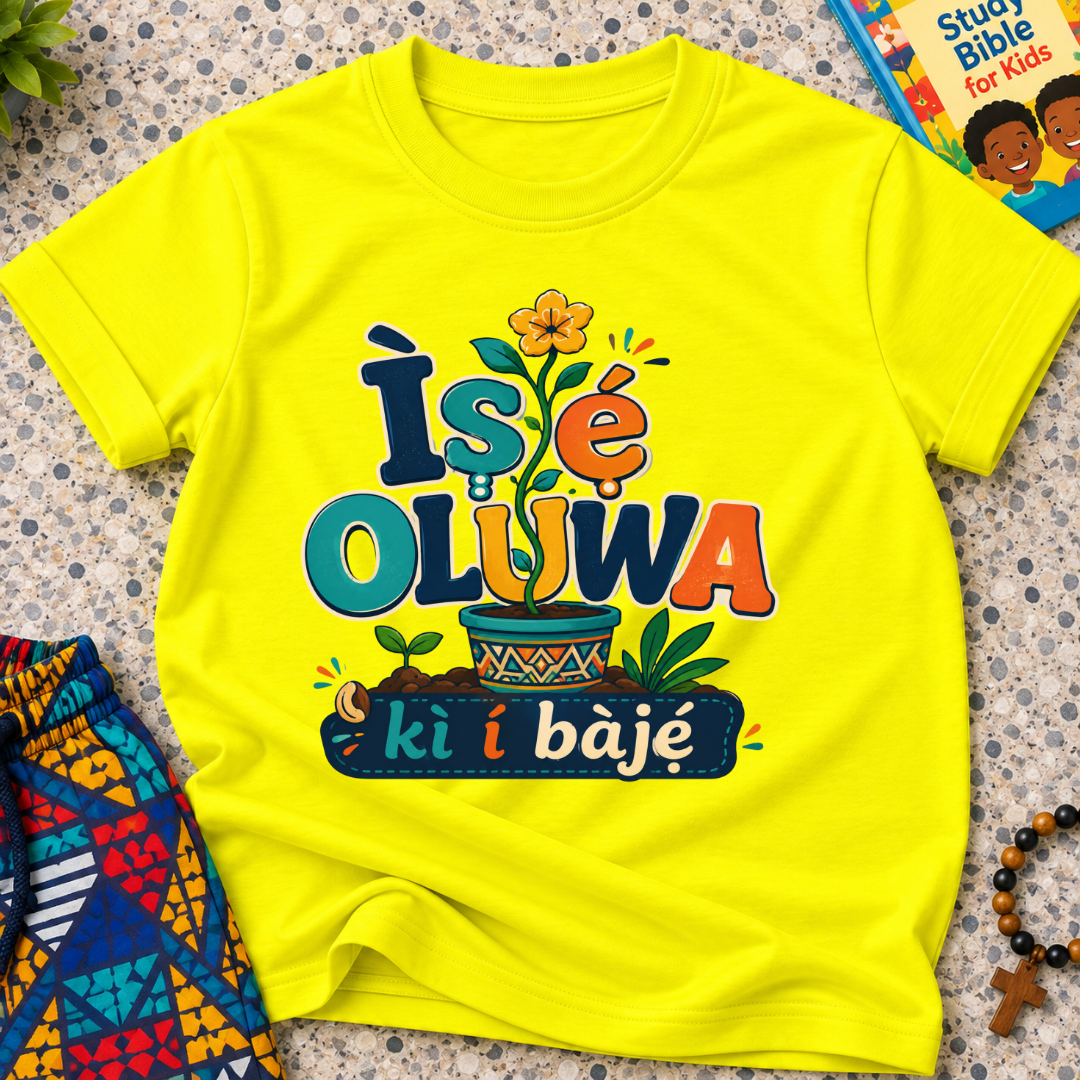 Ìṣẹ́ Olúwa Kì Í Bàjẹ́ Yoruba Christian kids shirt in yellow featuring colourful lettering and Nigerian-inspired decorative artwork
