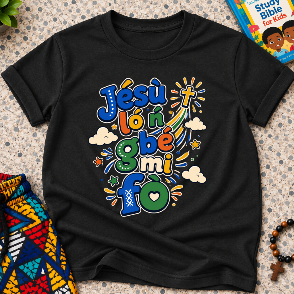 Jésù Lọ́n Gbẹ Mi Fọ Yoruba Christian kids shirt in black featuring colourful lettering, clouds, and star illustrations
