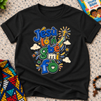 Jésù Lọ́n Gbẹ Mi Fọ Yoruba Christian kids shirt in black featuring colourful lettering, clouds, and star illustrations
