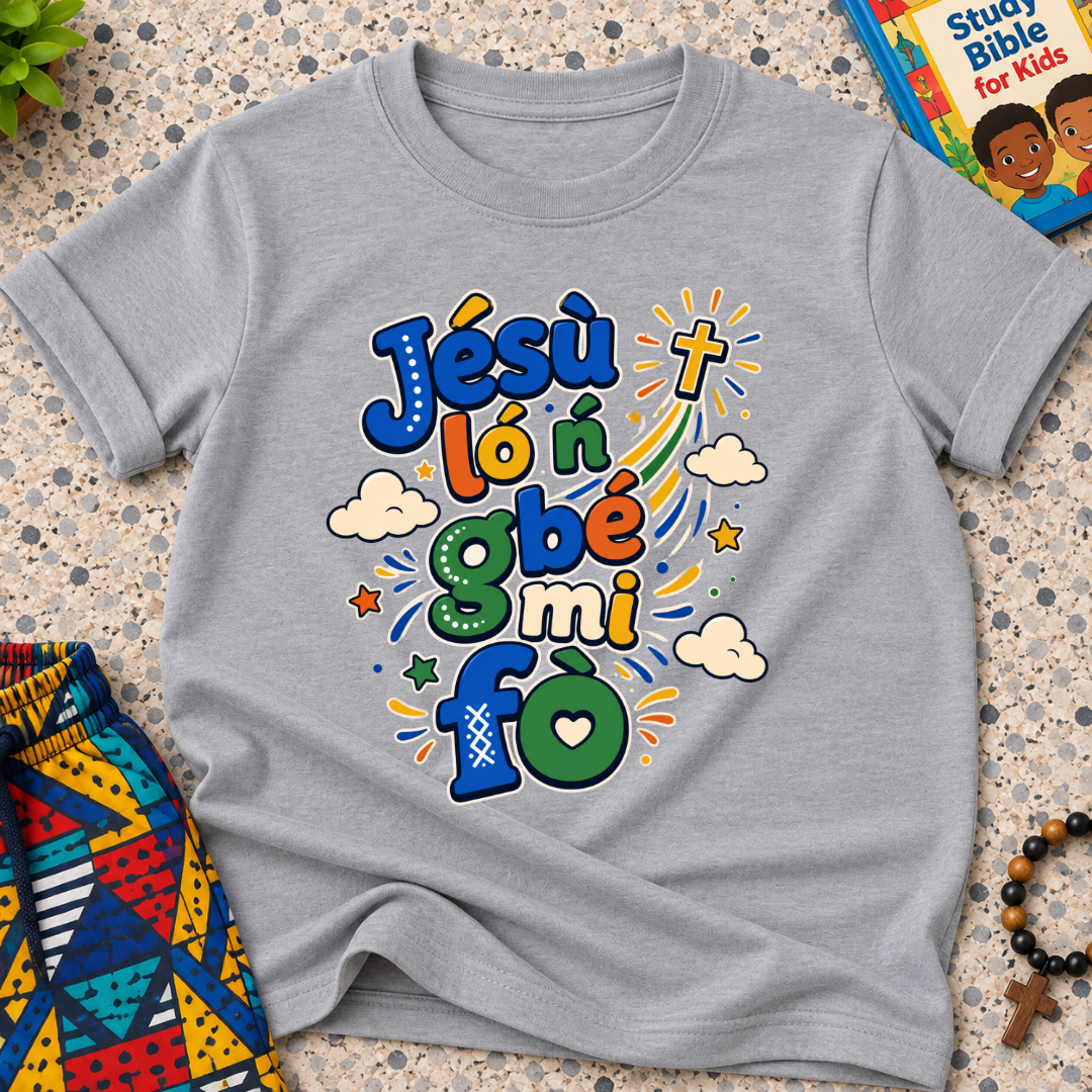 Jésù Lọ́n Gbẹ Mi Fọ Yoruba Christian kids shirt in grey featuring colourful lettering, clouds, and star illustrations
