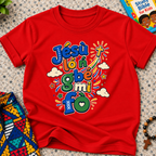 Jésù Lọ́n Gbẹ Mi Fọ Yoruba Christian kids shirt in red featuring colourful lettering, clouds, and star illustrations
