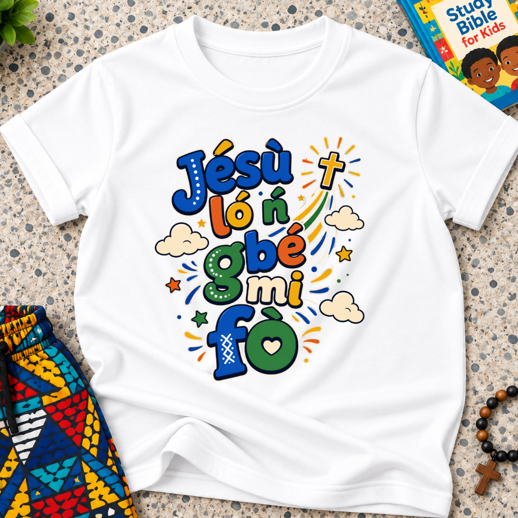 Jésù Lọ́n Gbẹ Mi Fọ Yoruba Christian kids shirt in white featuring colourful lettering, clouds, and star illustrations
