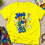 Jésù Lọ́n Gbẹ Mi Fọ Yoruba Christian kids shirt in yellow featuring colourful lettering, clouds, and star illustrations