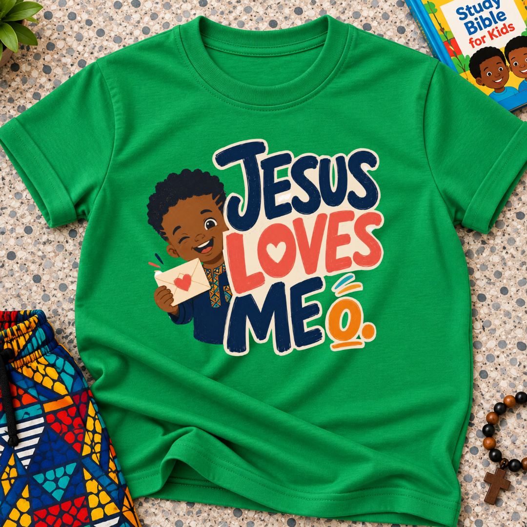 Jesus Loves Me Christian kids shirt in green featuring an illustrated child holding a heart

