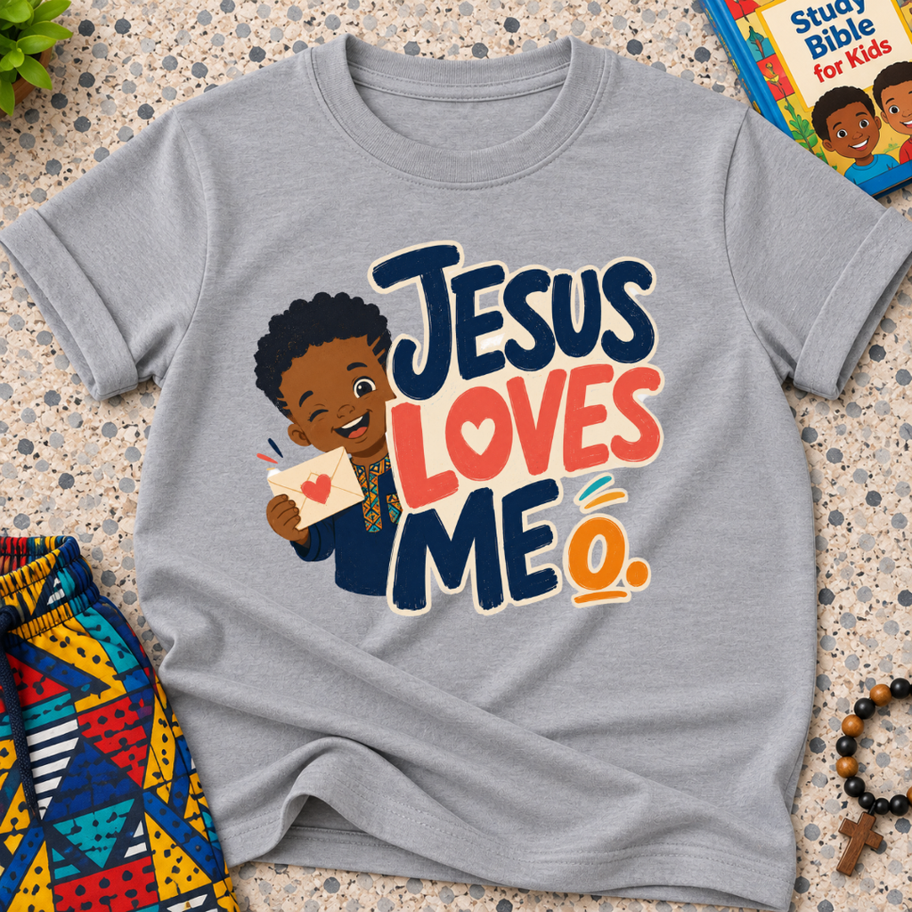 Jesus Loves Me Christian kids shirt in grey featuring an illustrated child holding a heart
