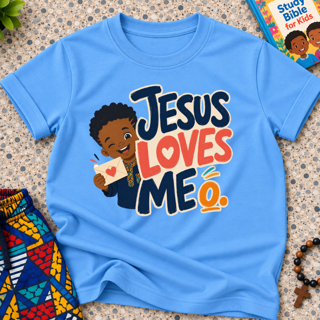Jesus Loves Me Christian kids shirt in light blue featuring an illustrated child holding a heart
