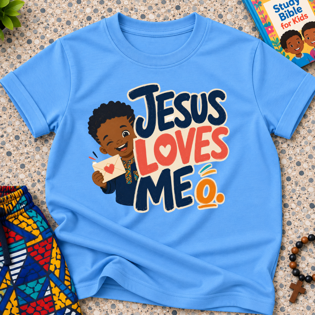 Jesus Loves Me Christian kids shirt in light blue featuring an illustrated child holding a heart
