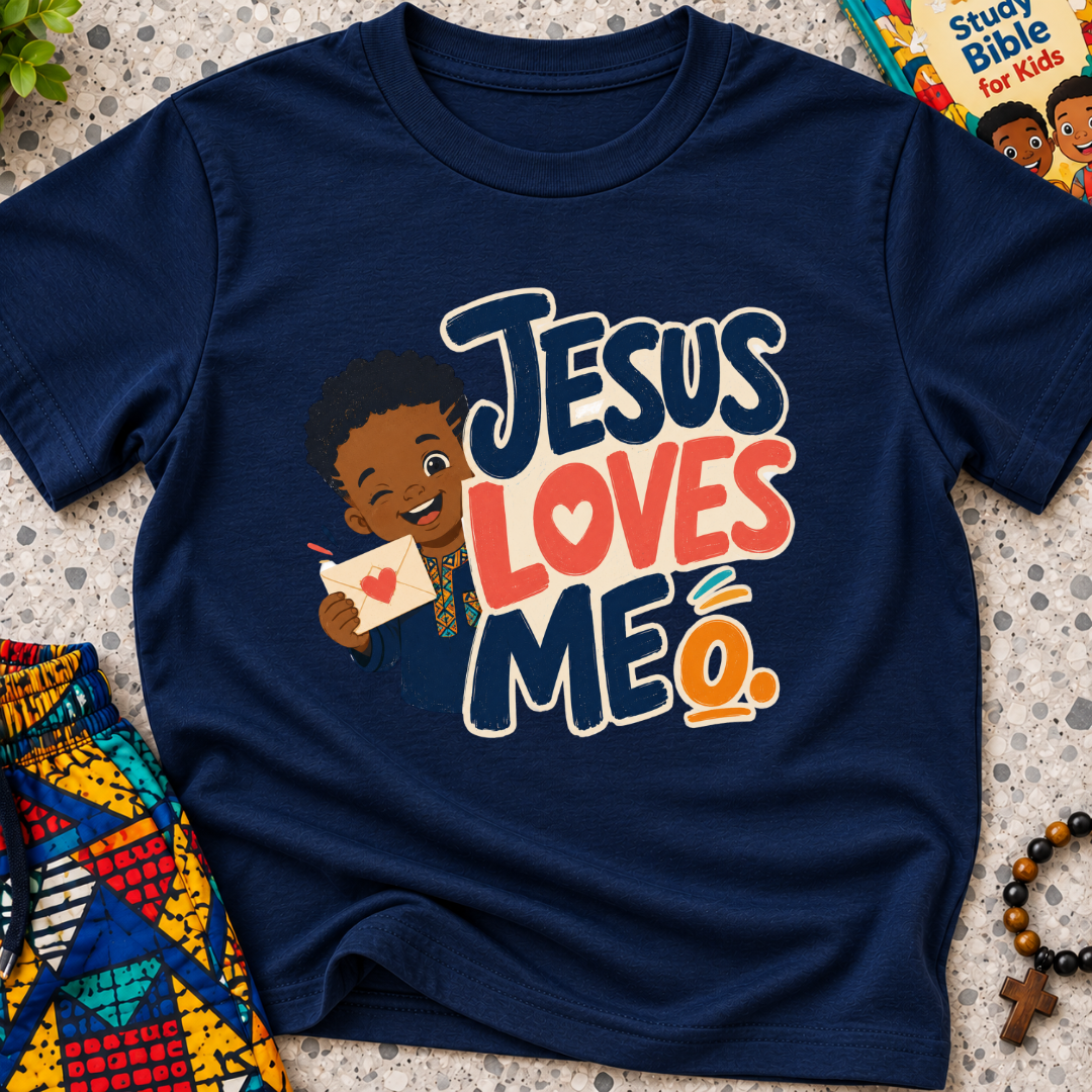 Jesus Loves Me Christian kids shirt in navy blue featuring an illustrated child holding a heart
