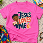 Jesus Loves Me Christian kids shirt in pink featuring an illustrated child holding a heart
