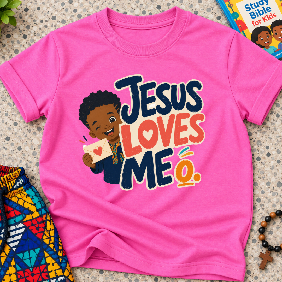 Jesus Loves Me Christian kids shirt in pink featuring an illustrated child holding a heart
