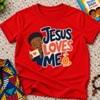 Jesus Loves Me Christian kids shirt in red featuring an illustrated child holding a heart

