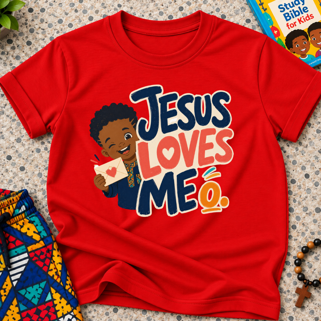 Jesus Loves Me Christian kids shirt in red featuring an illustrated child holding a heart
