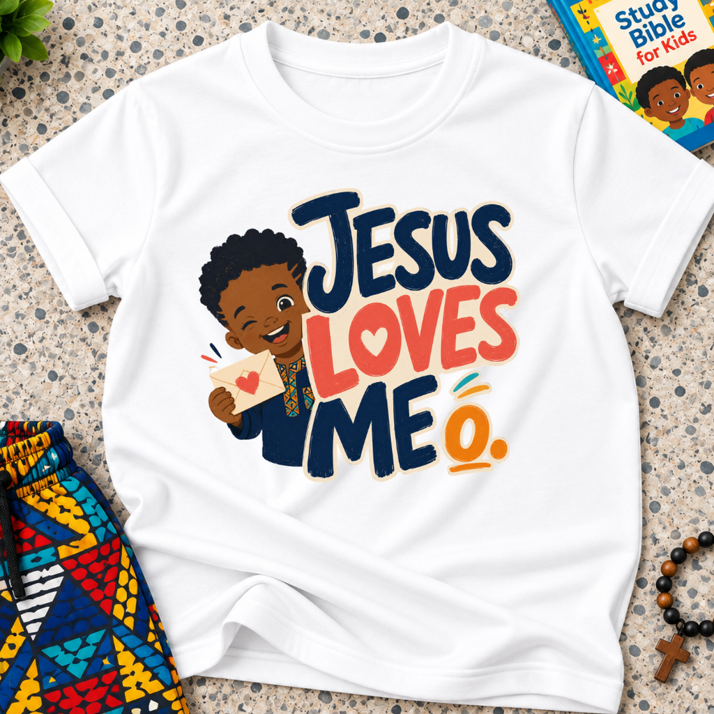 Jesus Loves Me Christian kids shirt in white featuring an illustrated child holding a heart
