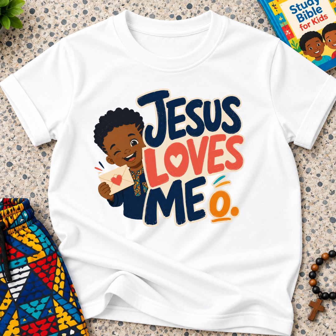 Jesus Loves Me Christian kids shirt in white featuring an illustrated child holding a heart
