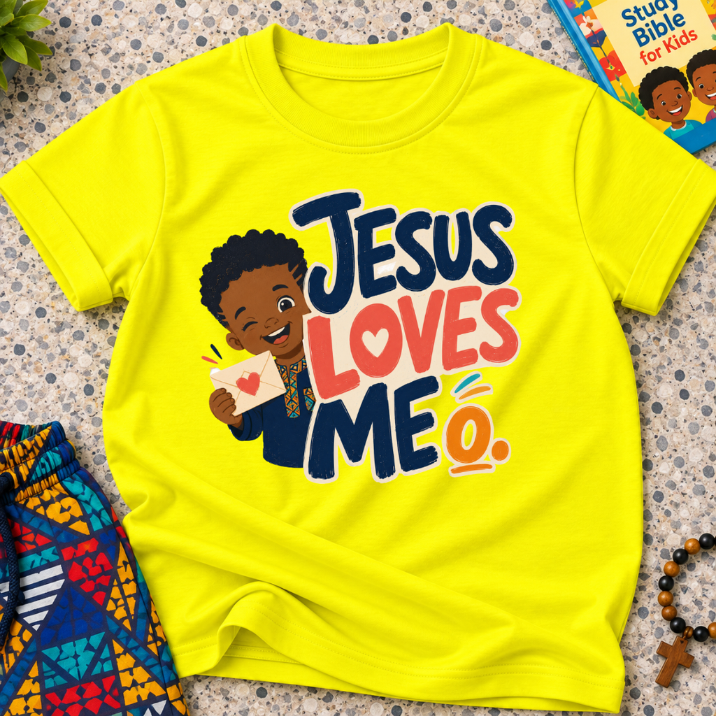 Jesus Loves Me Christian kids shirt in yellow featuring an illustrated child holding a heart
