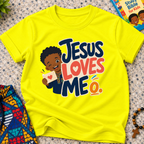Jesus Loves Me Christian kids shirt in yellow featuring an illustrated child holding a heart
